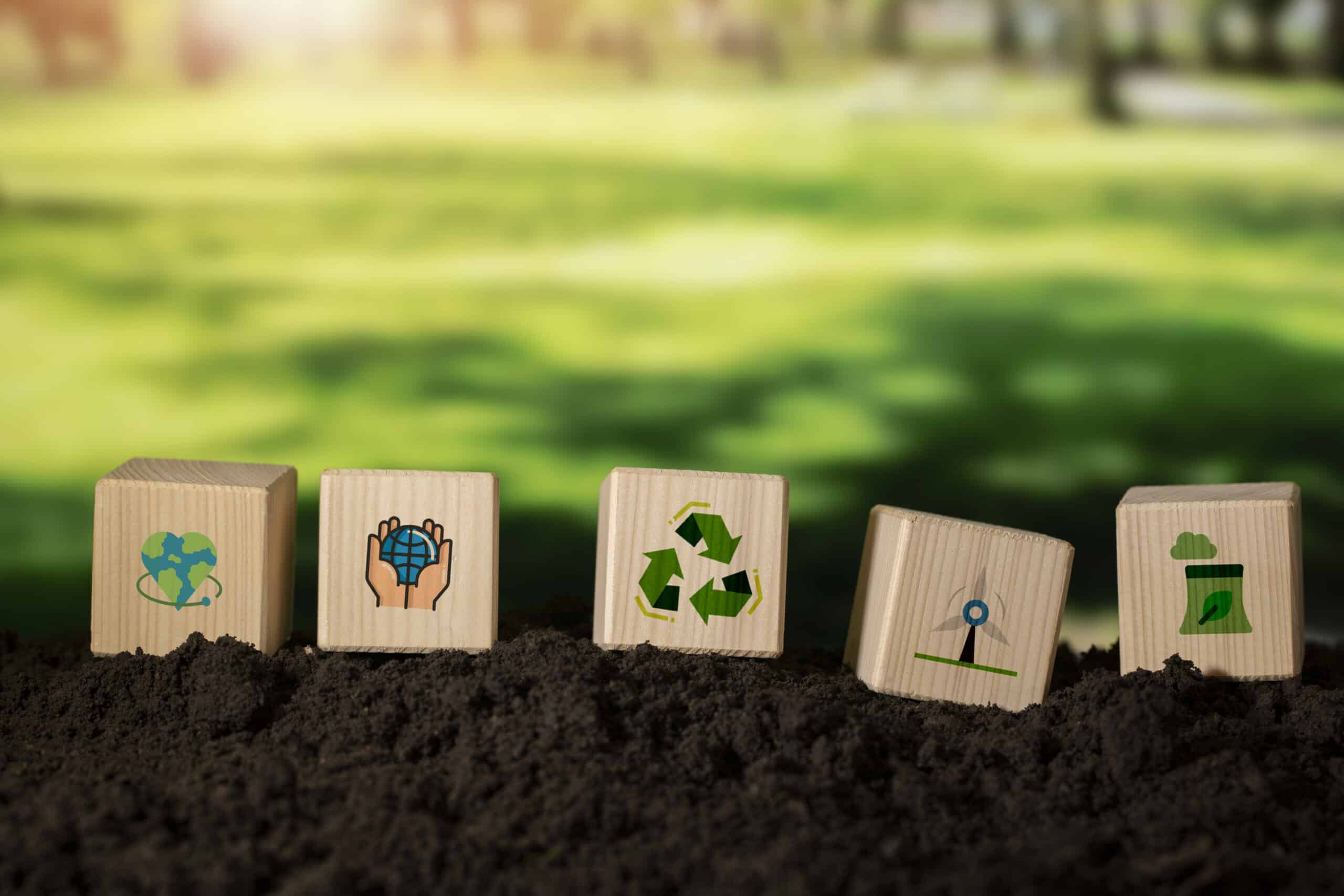 Drevené kocky s ikonami znázorňujúcimi formy ochrany životného prostredia