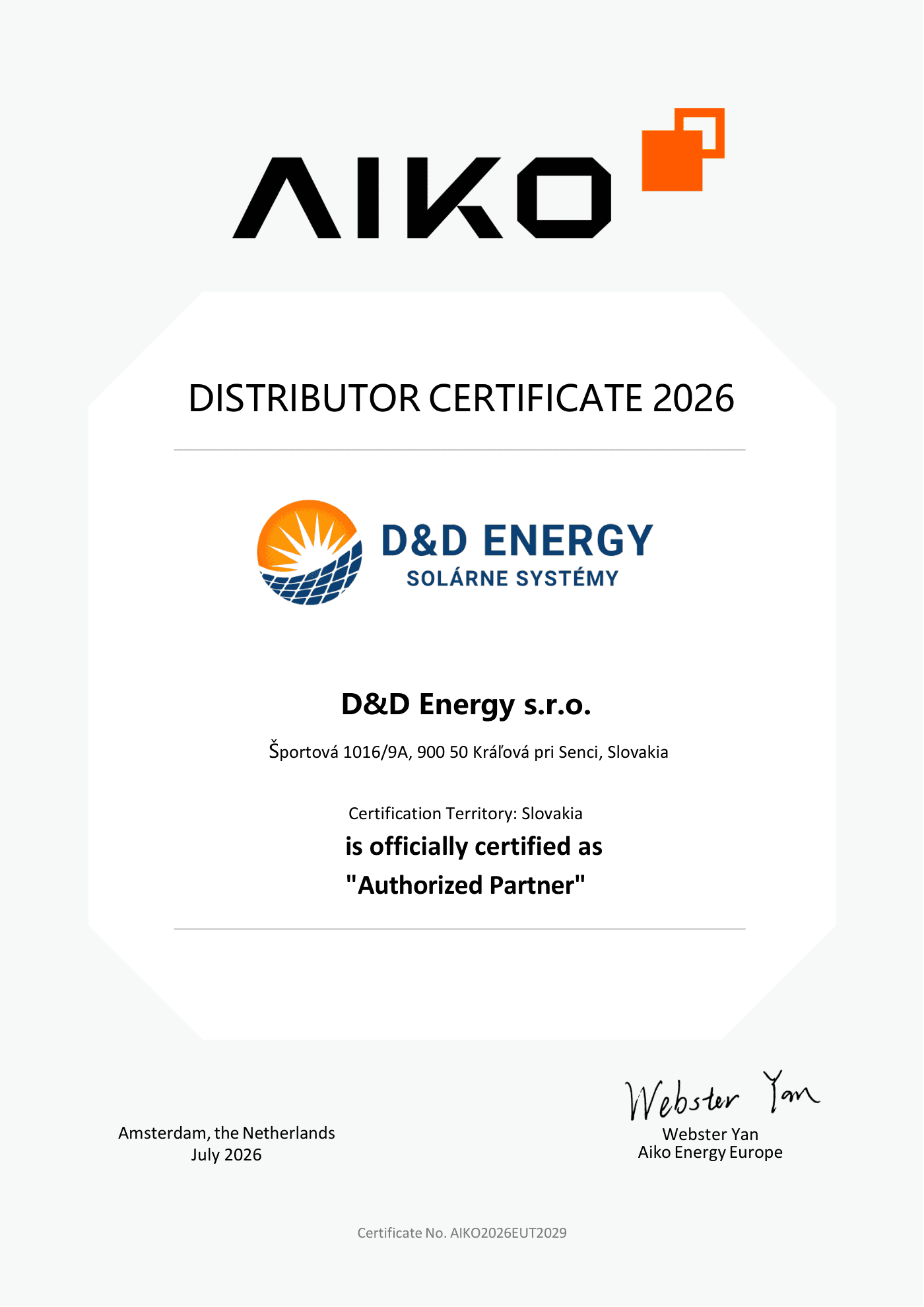 Certifikát AIKO Distributor Certificate 2026: D&D Energy s.r.o. je autorizovaný partner AIKO pre Slovensko, č. AIKO2026EUT2029